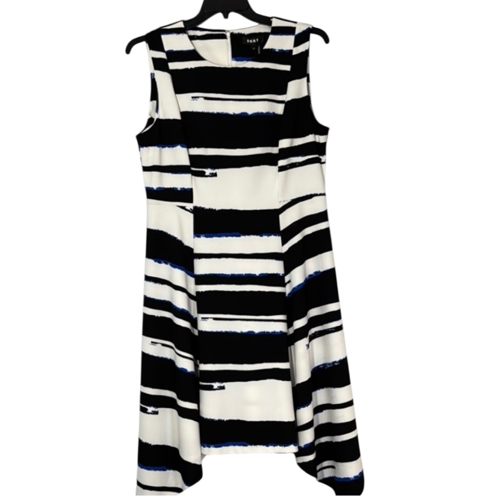 DKNY Dress Black/White/Blue Striped Asymmetrical Sleeveless in Size 16 NWT
